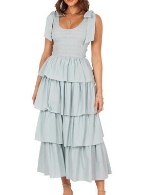 Petal & Pup Light Blue Smocked Tiered Maxi Dress with Tie Straps